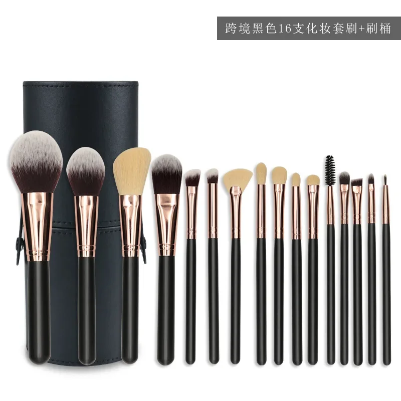 Set di pennelli per trucco da 16 pezzi Pennello per trucco professionale per ombretto, fondotinta in polvere, eyeliner, ciglia, labbra, con cilindro
