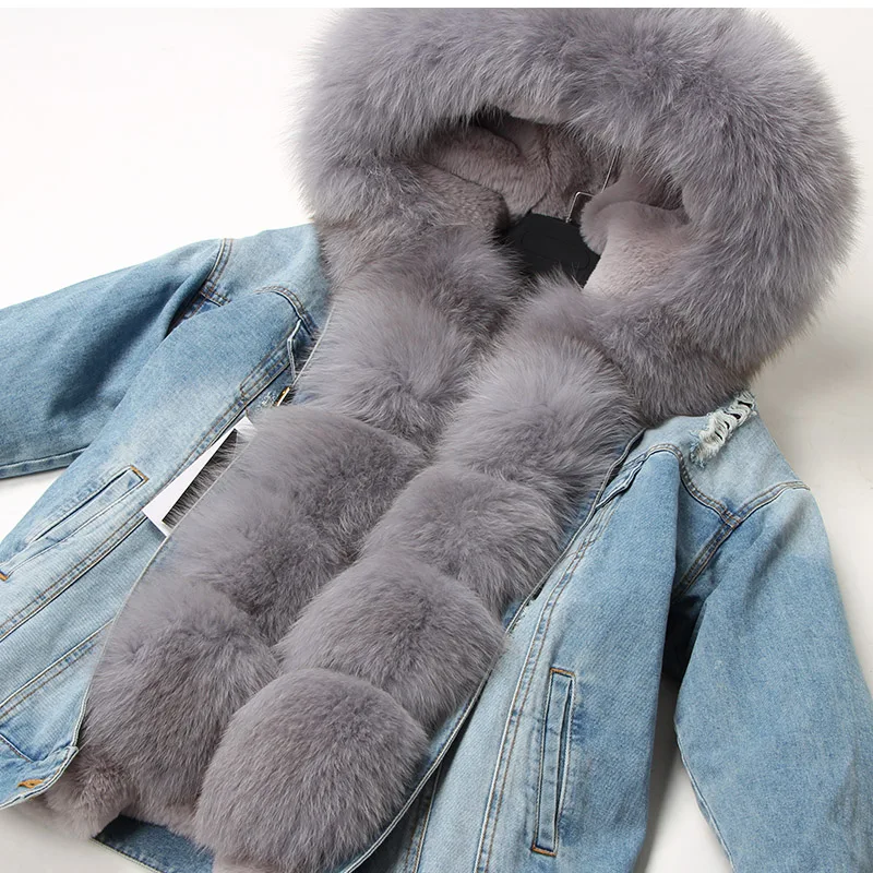 Faux fur lined denim jacket fox fur coat coat fashion denim fox fur warm lady winter jacket women parka