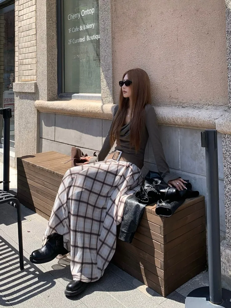 【FANGTING】 Women Spring Summer Chiffon Irregular Skirt Drape Long Skirt Color Block Plaid A Line Skirt