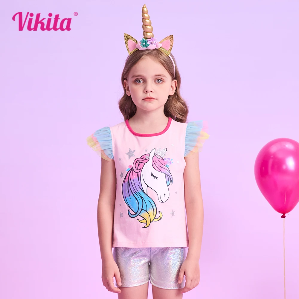 

VIKITA Kids Summer Clothes Sets Girls Sleeveless Fashion Unicorn Print Tops Tees and Shorts Casual 2 Pcs Suit Children Clothing