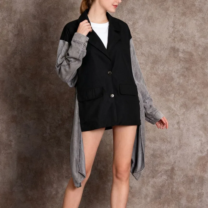 HKSH Spring Autumn New Women Jacket Irregular Denim Patchwork Color Block Single Breasted Chic Y2K Casual Oversized Coat HK18032