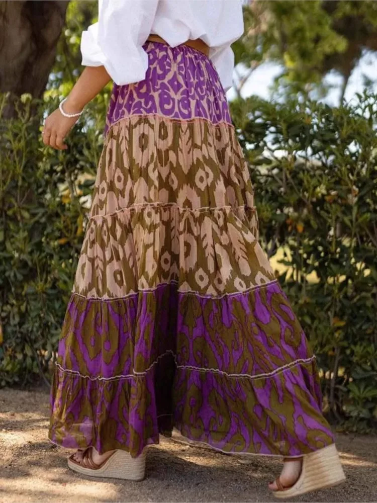 กระโปรงพิมพ์ลายลำลองแฟชั่นผู้หญิงเอวสูงทรงหลวมกระโปรงยาวสำหรับผู้หญิงวันหยุดโบโฮชายหาดสตรีทแวร์เสื้อผ้าผู้หญิงฤดูใบไม้ผลิใหม่