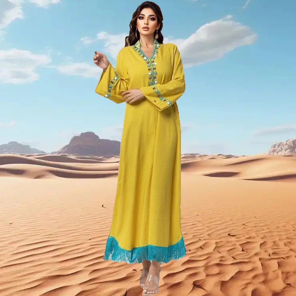 

Muslim Women Maxi Dress Tassel Abaya Diamonds Dubai Kaftan Eid Ramadan Islam Jalabiya Caftan Marocain Femme Robe Kebaya Vestidos