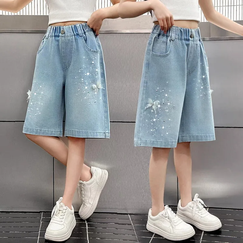 New Summer Girls Denim Shorts Thin Bling Butterfly Rhinestone Five Point Capri Pants 4-14Y Casual Elastic Waist Teens Kids Pants