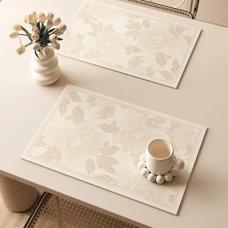 VIKAMA Vintage Peony Floral Long Table Mat Cream White Waterproof Heat Resistant Placemat For Coffee Dining Desk Kitchen Mat