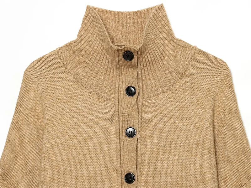 Guobioziy 2026 Women Camel Mock Neck Cardigan Black Button Front Knit Sweater Stand Collar Long Sleeve Elegant Top Fall Winter