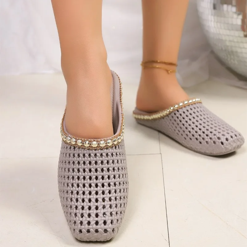 Woven Square Toe Cutout Breathable Flats Women's Soft Sole Lightweight Wrapped Toe Slippers