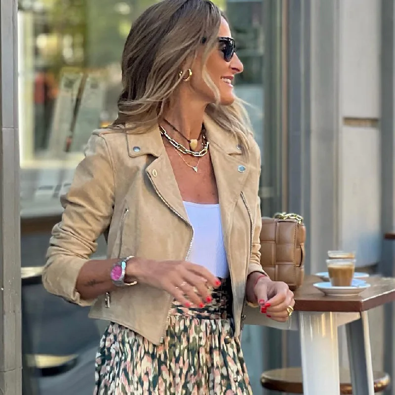 Vintage Skirt Two Piece Sets for Women Elegant Suede Motor Zipper Bomber Jacket Print Flowy Slit Maxi Skirt Set Autumn Outfits