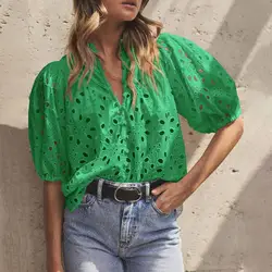 Lantern Sleeve Top Stylish Women's Summer Tops V-neck Lantern Sleeve Shirt Embroidered Blouse Streetwear Fashion Women Blouse