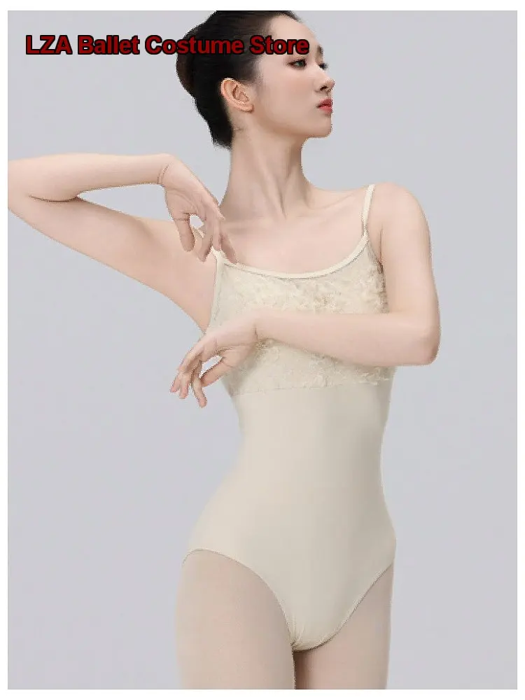 Women's Lace Patchwork Halter Neck One-Piece Dance Costume Art Exam Body Suit Gymnastics Basic Training Practice Leotard