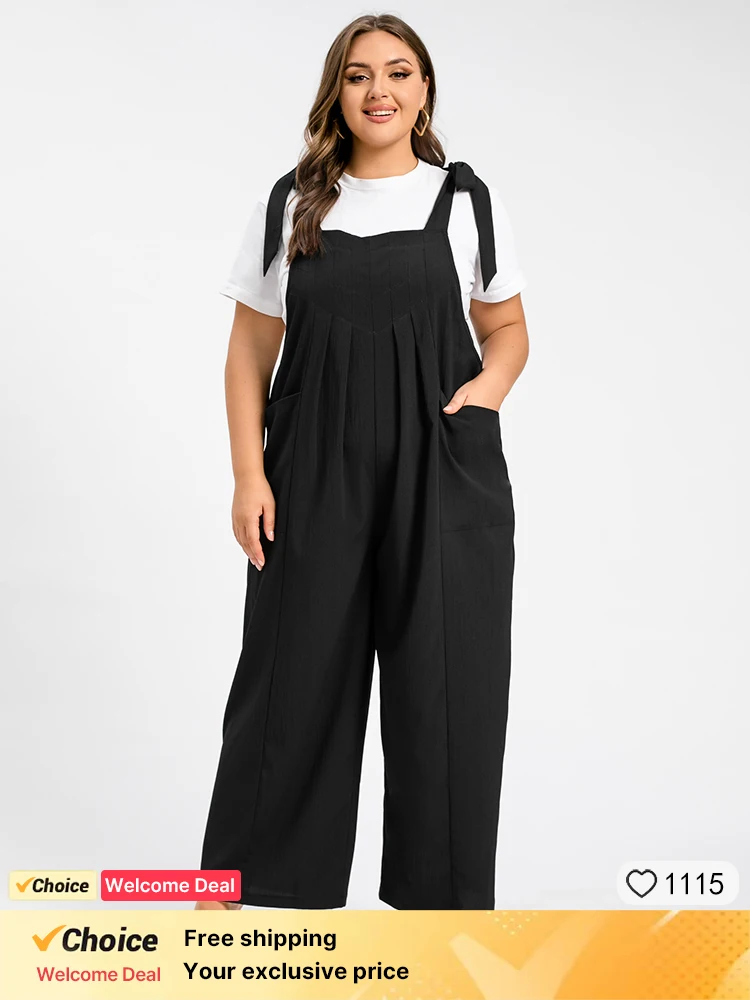 

Plus Sized Clothing Women Loose Fit Fashion Overalls Tie Shoulder Wide Leg Jumpsuit with Pocket Summer Jumpsuit Casual Elegant