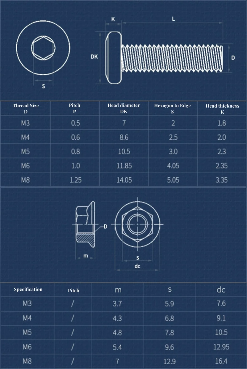 M3M4M5M6M8M10M12 304 Stainless Steel Large Flat Hex Hexagon Socket Head Allen Screw&Nuts Sets for Furniture Connector Joint Bolt