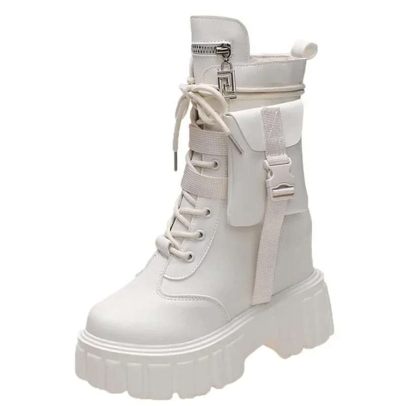 Botas de couro para mulheres, sapatos de plataforma alta, tênis de salto grosso, dedo do pé redondo, curto, pele, motocicleta, quente, inverno, 10cm