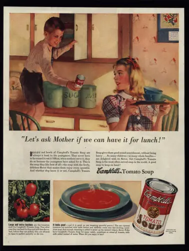 1940 Cute Boy  Girl Ask Mother For CAMPBELLS Tomato Soup Art - VINTAGE AD