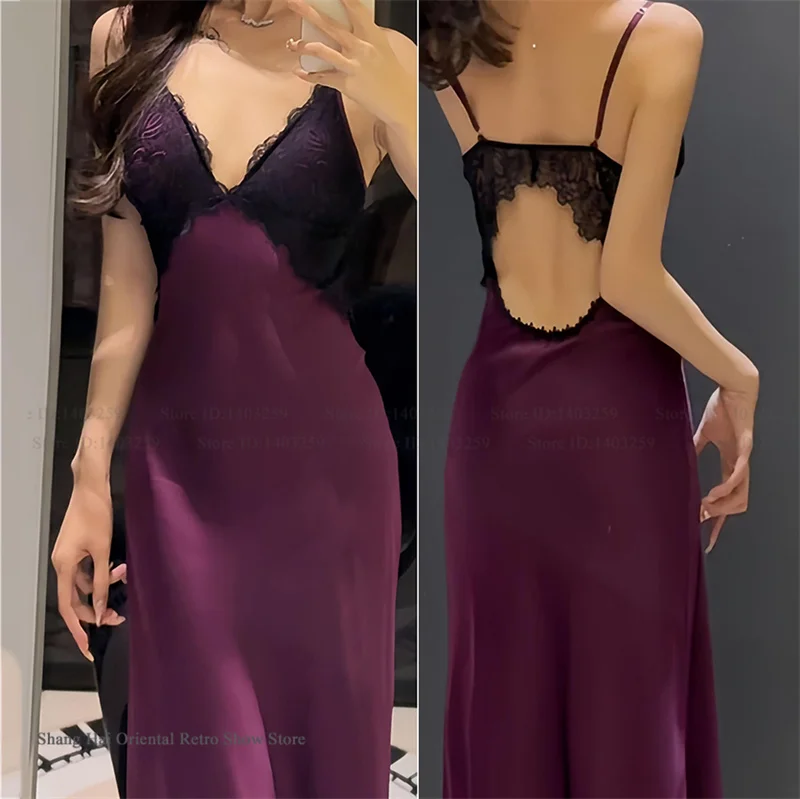 Sexy Femlae Long Robe Nightgown 2PCS Set Spring Summer New Silk Satin Sleepwear Nightdress Lingerie Patchwork Lace Homewear - Image 6