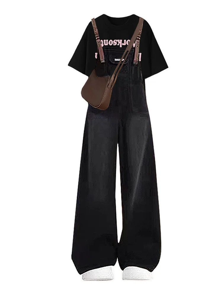 Summer Casual Retro Denim Set Women's ort Sve T-irt And Overalls Anti-Aging Print Vintage oulder Length Top