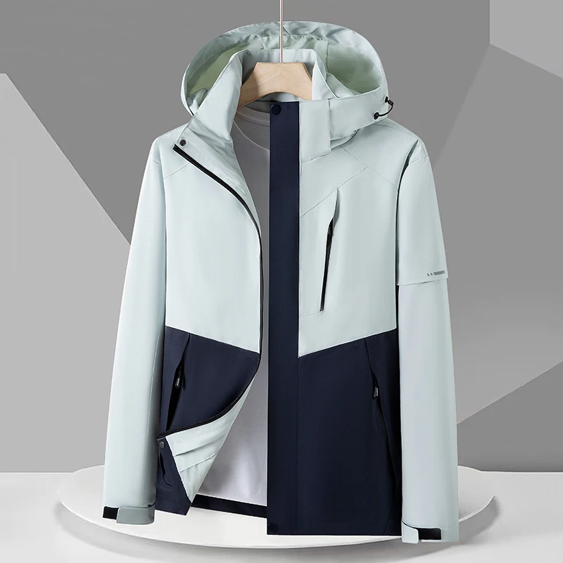 Unisex Color‑Block Waterproof Windproof Hooded Jacket Full‑Zip Zipper Pockets Drawstring Hood Adjustable Cuff Outdoor Hiking Coa