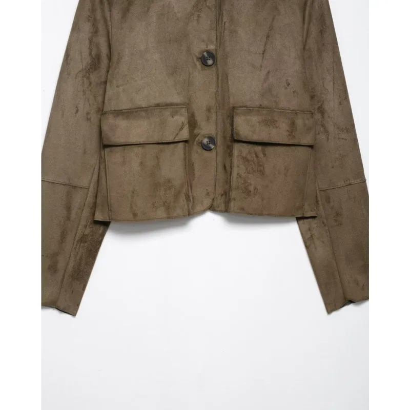 Damska krótka kurtka z imitacji zamszu HipSeam, zapinana na guziki, jesienna, z kołnierzykiem, długim rękawem, kieszeniami, prosta kurtka damska.