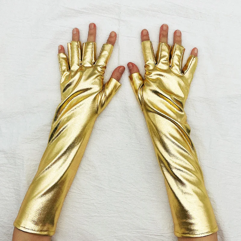 Leather Half Finger Gloves Long Performance Formal Party Cosplay Shiny Bright Gloves Women Halloween Punk Fingerless Mitten