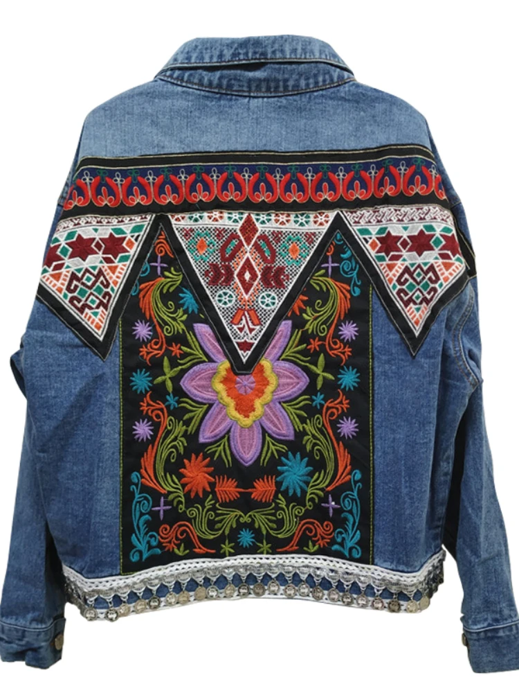 Jacket Women's Spring Boho Denim for Women Floral Appliques Embroidery Vintage Coat Long Sleeve Outerwear Female Jacket Coatee