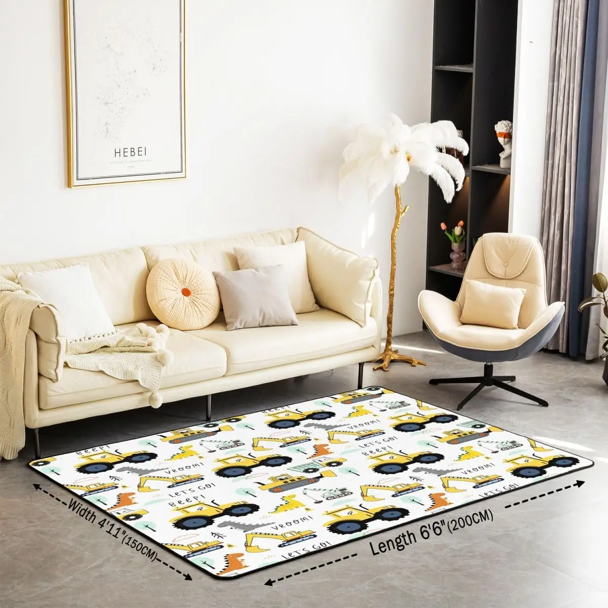 Cartoon Car Kids Area Rug for Bedroom Living Room, Construction Vehicles Indoor Floor Mat for Boys Girls Teens, Dinosaur Yellow