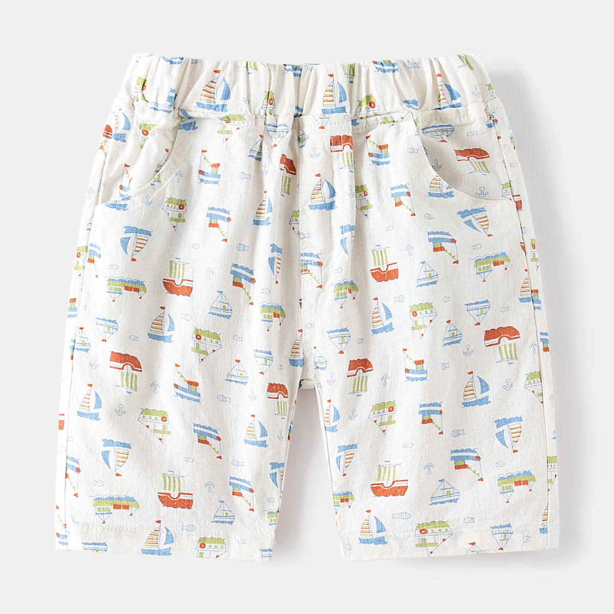 Kids Summer Cool Mid-Waist Shorts Boys' Elastic Waist Cotton Capri Pants with Cartoon All-over Print, for Ages 3-8, 2 Colors