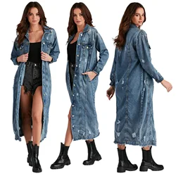 Plus Size S-3xl Fashion Denim Coat Women Single Breasted Cardigan Jacket Women'S Ripped Long Sleeve Denim Trench Coat