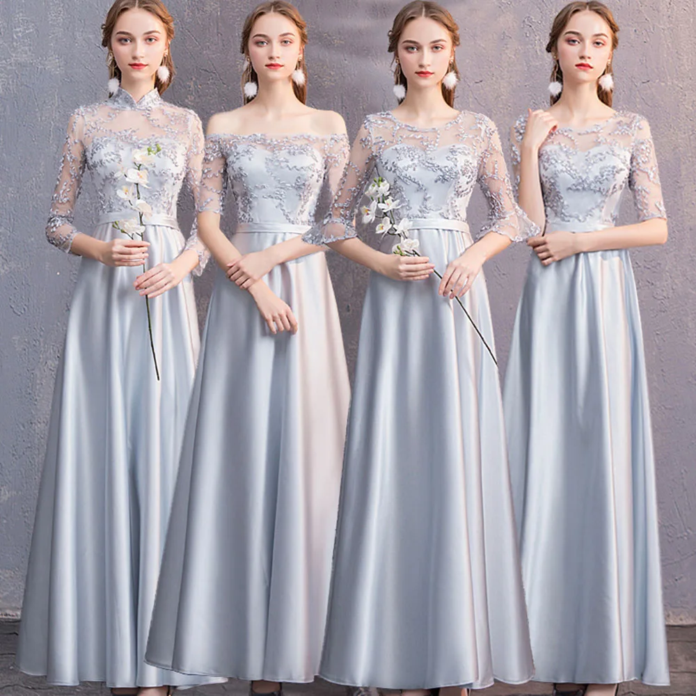 Elegant 4 Styles Satin Bridesmaid Dress Women's Spliced Perspective Tulle Half Sleeve Ankle-Length A-line Wedding Party Gown