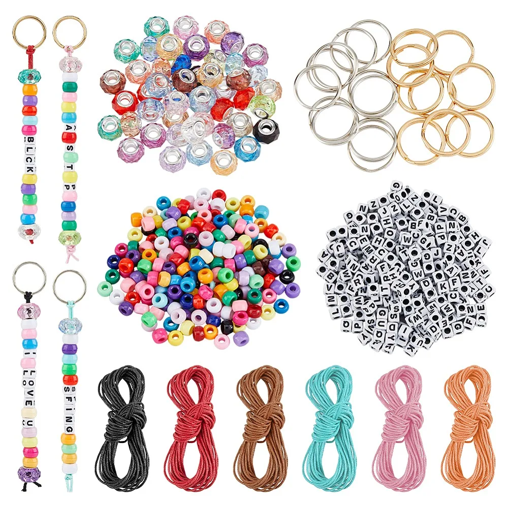 DIY Keychain Making Kits Including Opaque Acrylic Beads and Waxed Cotton Cord Iron Split Key Rings Mixed Color 20x2mm