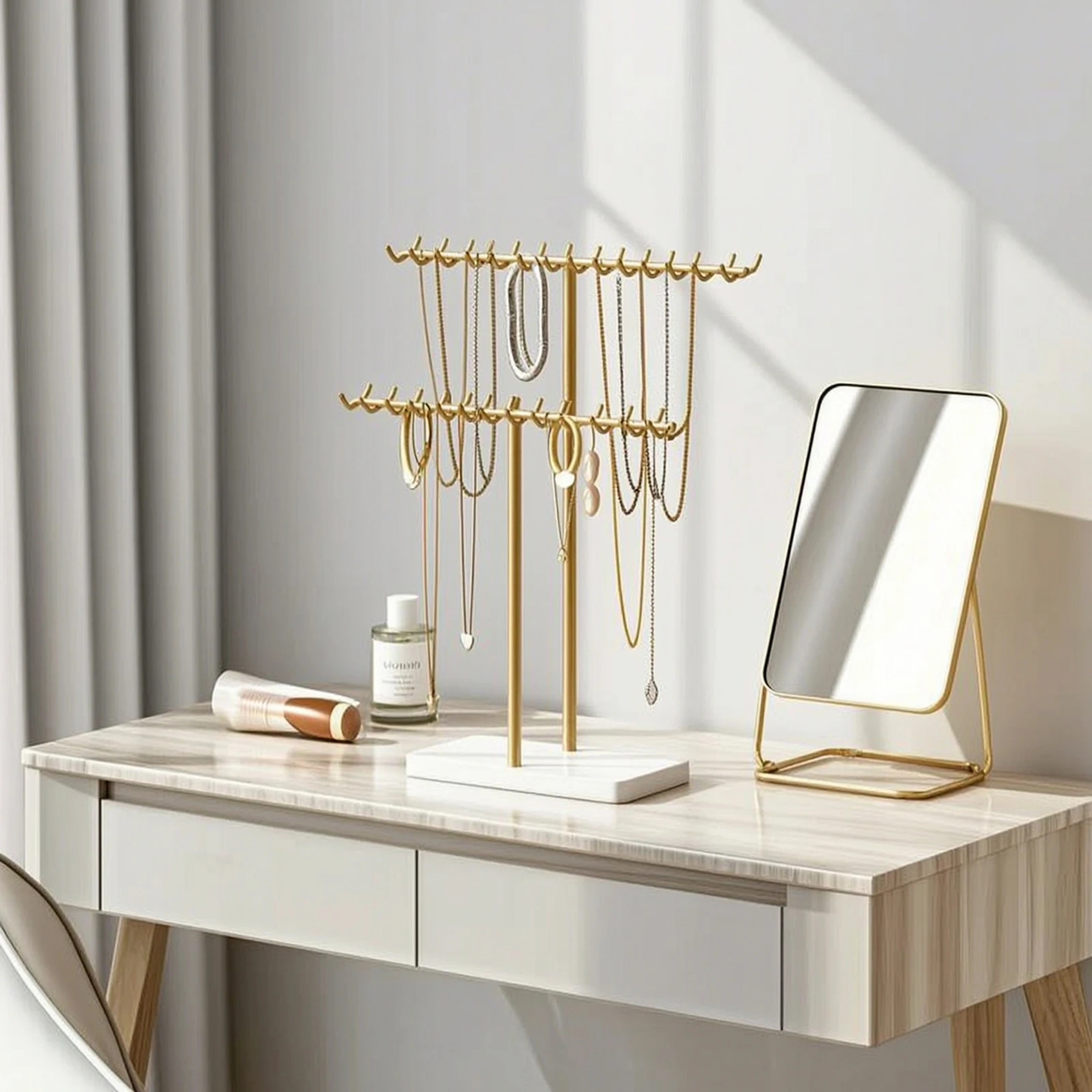 Jewelry Display Stand with Metal Frame Vertical Jewelry Stand with Base Necklace Holder Multipurpose Elegant for Vanity