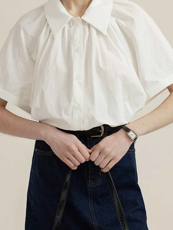

Milk Yellow Long Staple Cotton Linen mid Sleeve Shirt for Women Casual Style Short Sleeve Neck Striped Pattern