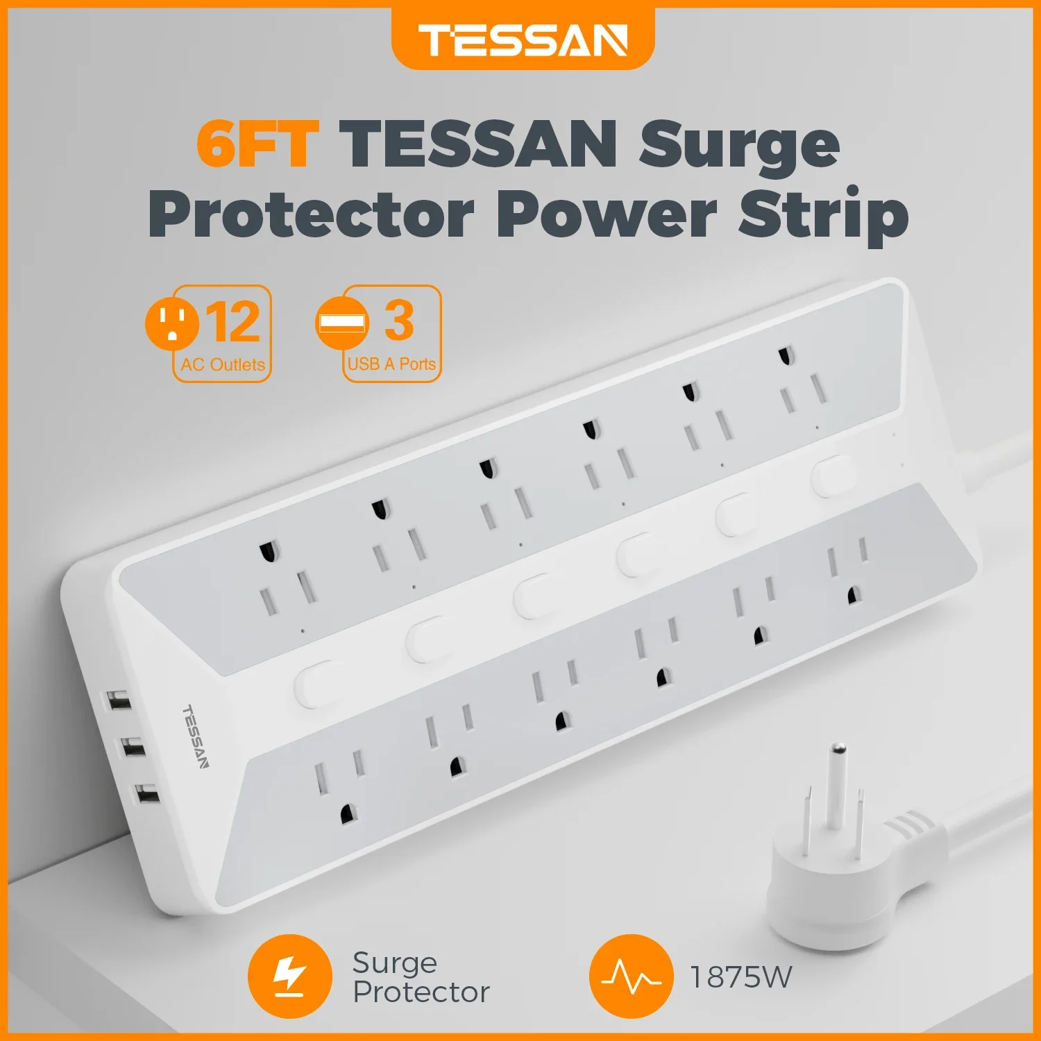 TESSAN Ultra Thin Flat Power Strip Plug with 8 Outlets & 3 USB, Multi Outlet Surge Protector with 5FT/10FT Extension Cable