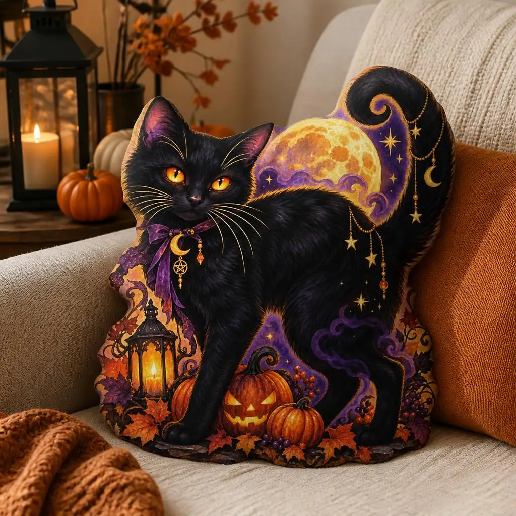 Halloween Black Cat Shaped Pillow Witchy Moon Pumpkin Cushion Witchcraft Throw Pillow Decor Spooky Autumn Home Gift