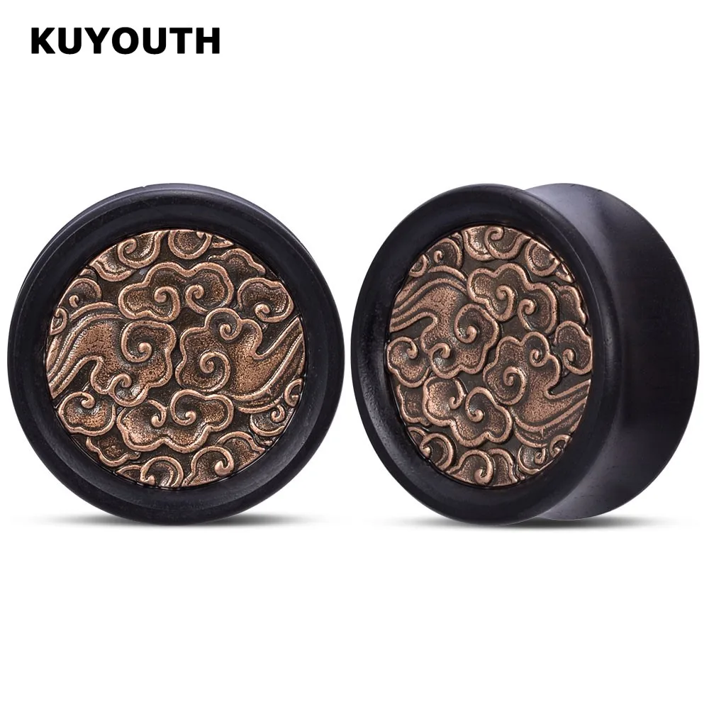 KUYOUTH Retro Wood Auspicious Cloud Pattern Ear Plugs Expanders Gauges Body Piercing Jewelry Earring Tunnels Stretchers 2PCS