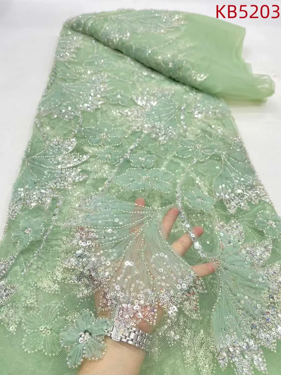 

Зеленая французская вышивка из бисера, кружевная ткань с блестками, африканская ткань, кружевная ткань, высокое качество, 2025 г., ткани из бисера для шитья KB5203