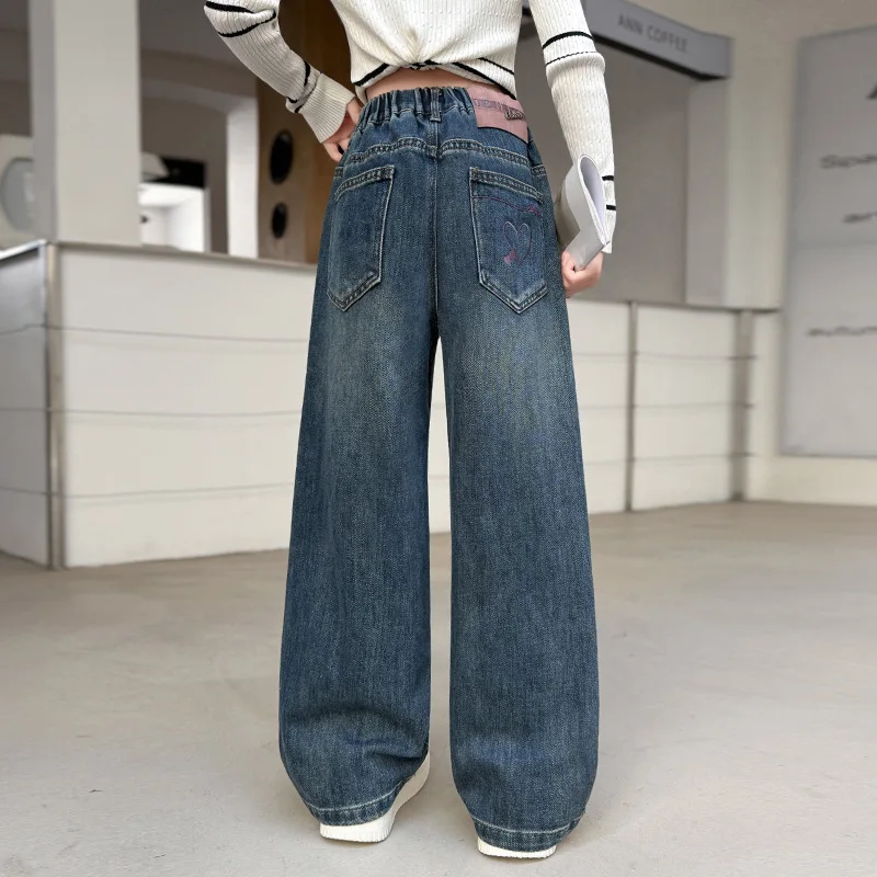 Trendy Wide Leg Jeans for Girls Spring Autumn Loose Faionable Childrens Pants High Waist Long Pants Elastic Waisand Pocket heart