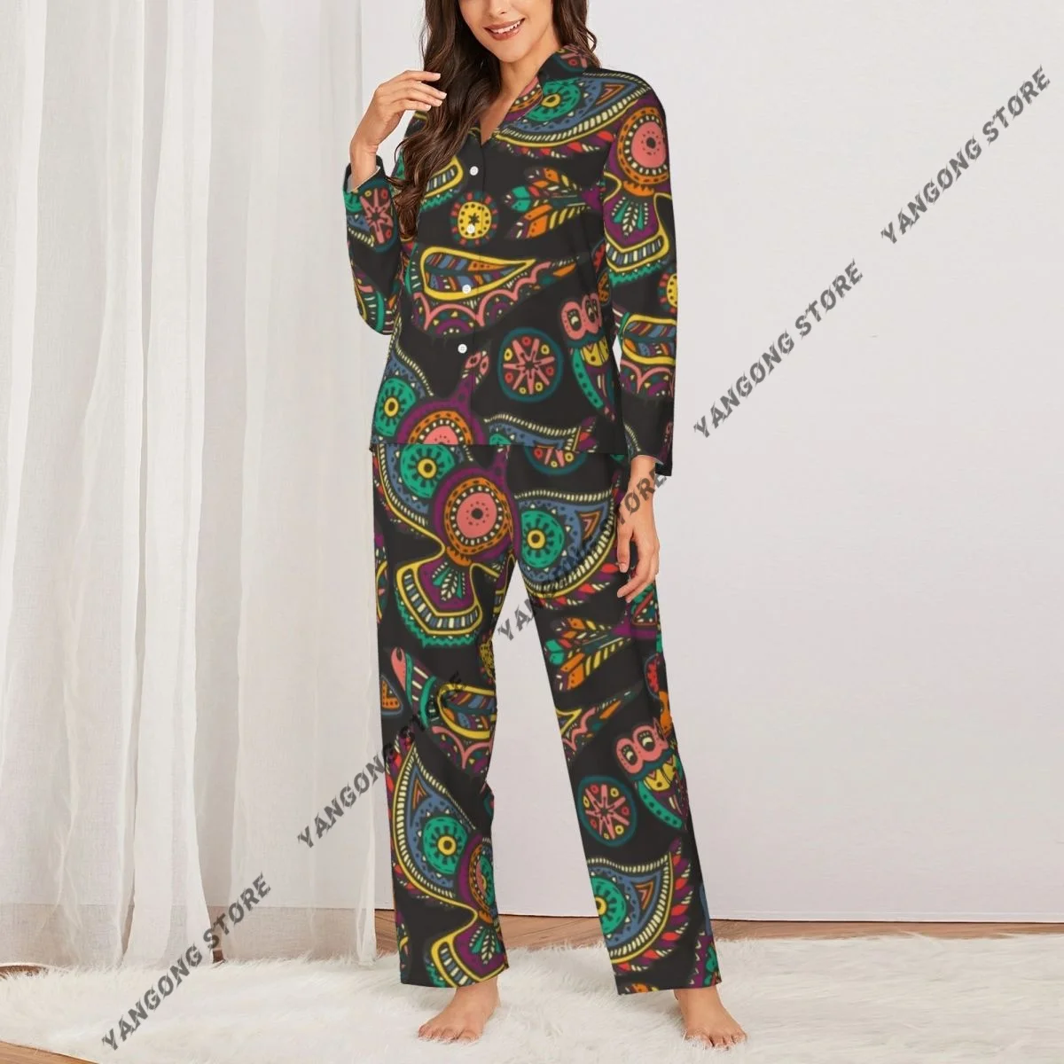 Women Sleepwear Loungewear Colorful Ethnic Bird Pattern Long Sleeve Lapel Neck Shirt and Elastic Waist Pants Pajamas Set