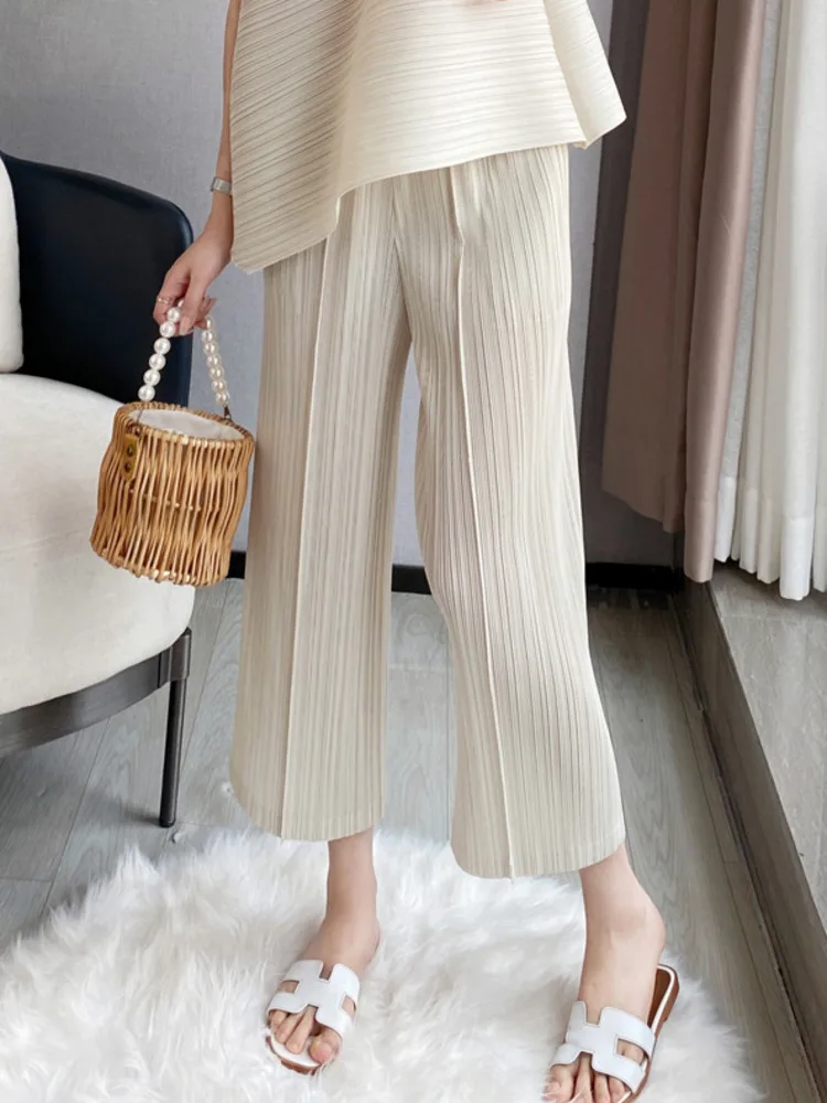 YUDX Women Pleated Pants Solid High Waist Wide Leg Cropped Trousers Loose Elastic Casual Style 2023 New Summer Fashion