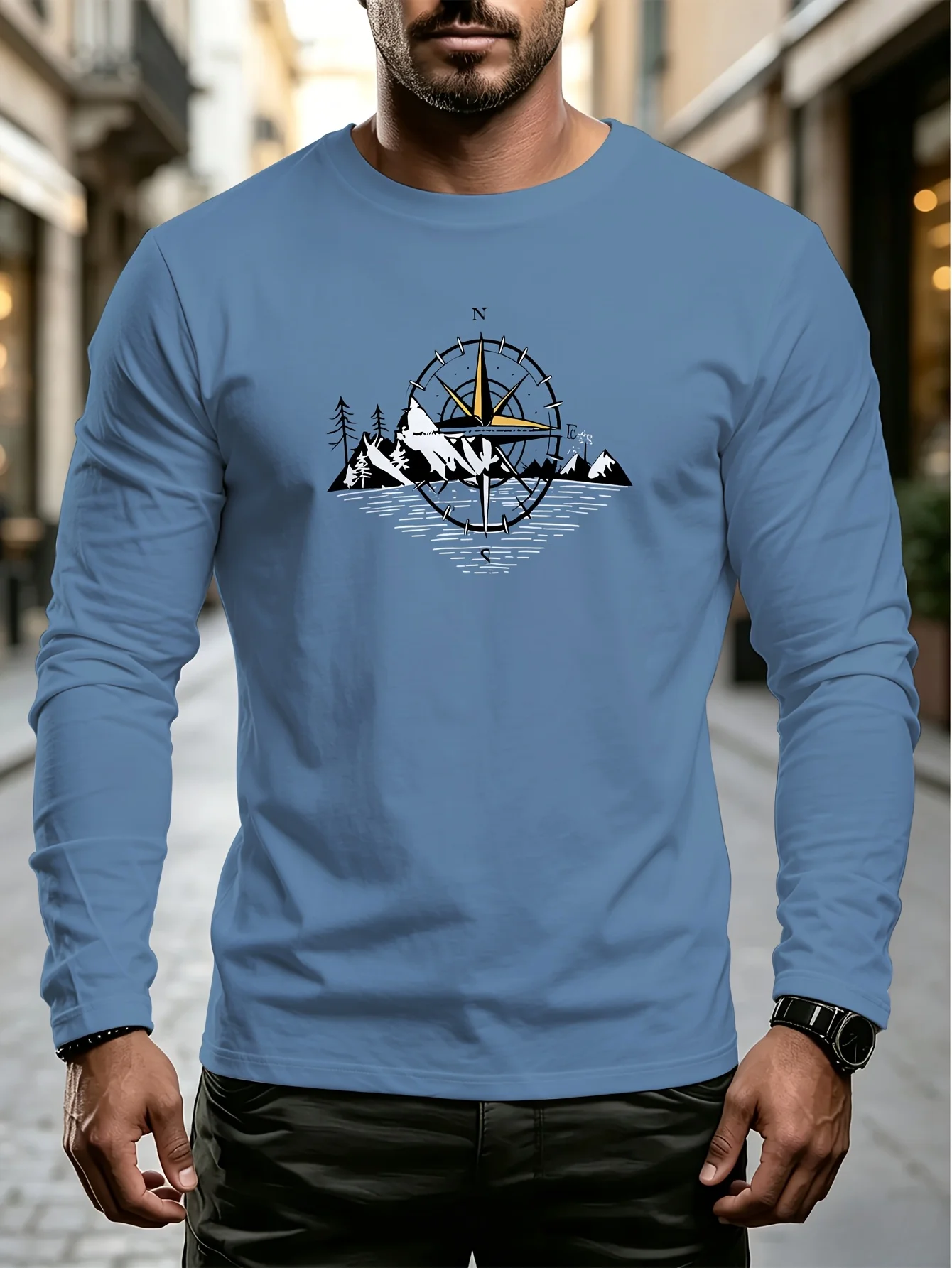 Mens 100 Pure Cotton Long Sleeve T Shirt Pattern Print Crew Neck Standard Size Machine Washable Comfortable Fashio