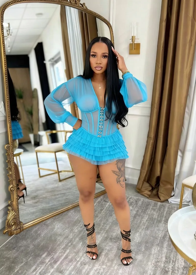 

KEXU Female Sexy Fashion Casual Mesh Patchwork Ruffle Short Jumpsuit Women Summer Rompers Playsuits