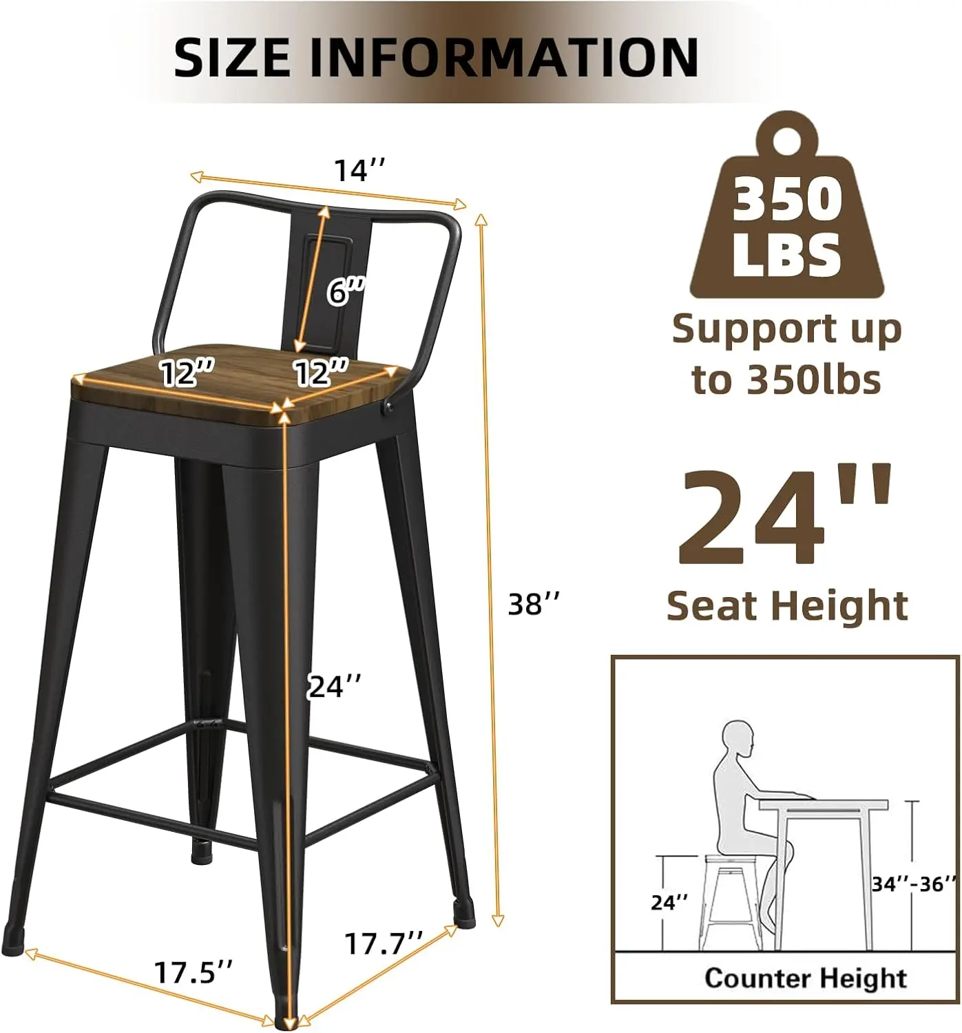 Juego de 4 taburetes de bar negros, taburetes de bar de metal con asiento de madera, taburetes de bar modernos de 24 pulgadas de altura de mostrador con respaldo bajo