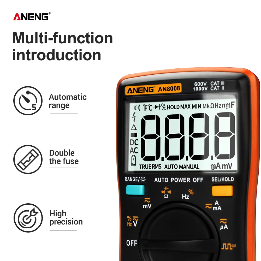 Imagem -05 - Aneng-digital Profissional ac dc Tensão Corrente Multímetro Transistor Ohm Auto Elétrica True Rms te 9999 Contagens An8008 An8009