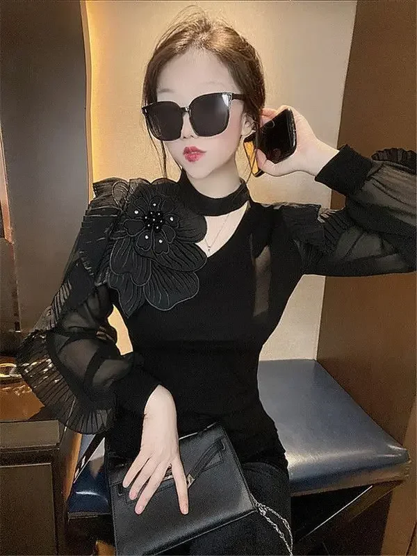 Lotus Leaf Edge Stand Up Collar Bottom Shirt Long Sleeved Top Retro Perspective Blouse Women Black Shirts Blusas Mujer