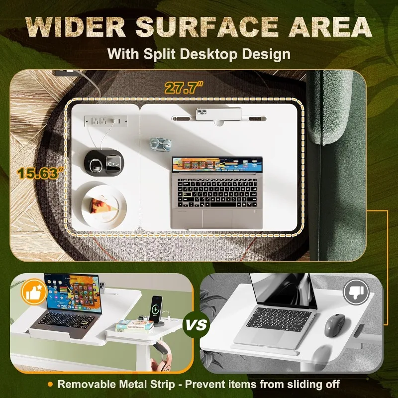 مكتب قائم، طاولة طبية فوق السرير مع صينية دوارة ومخرج طاقة، زاوية هوائية مزدوجة ومكتب قابل لضبط الارتفاع