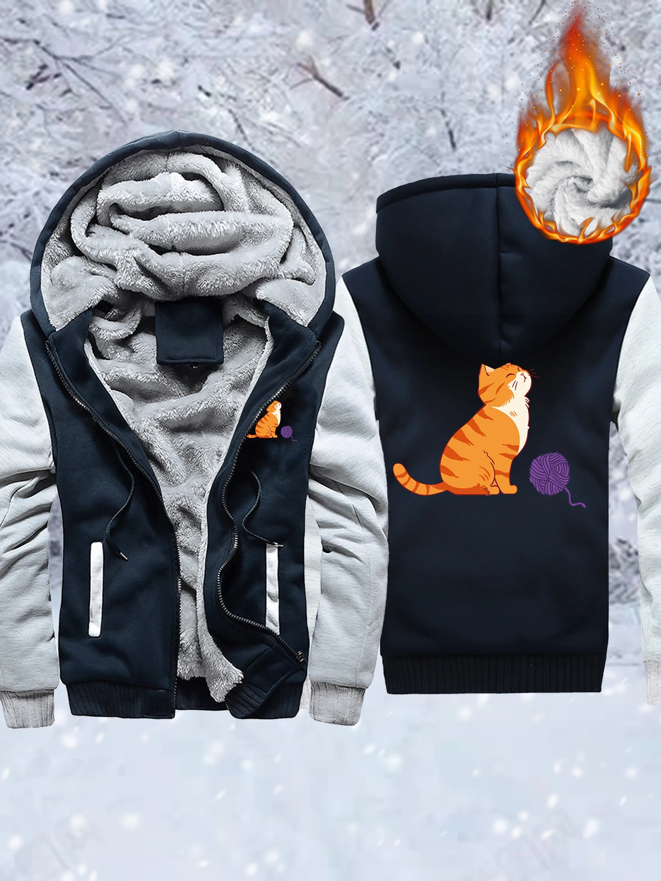 

Мужские утепленные пальто с мультяшным шерстяным принтом кота, спортивные куртки большого размера, зимняя флисовая одежда на молнии, удобная уличная одежда в стиле хип-хоп