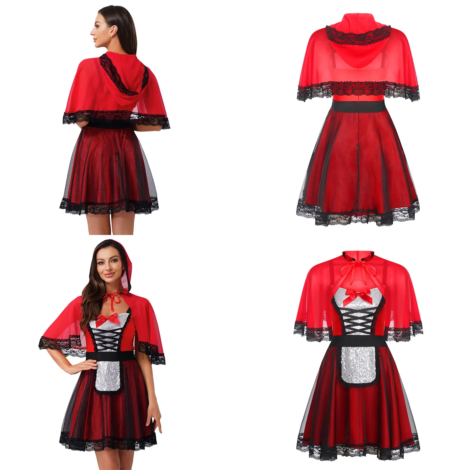

Halloween Womens Bloody Ghost Bride Cosplay Dress with Red Hood Cape Bridal Bow Shiny Sequin Dress And Hood Dress Up Outfits