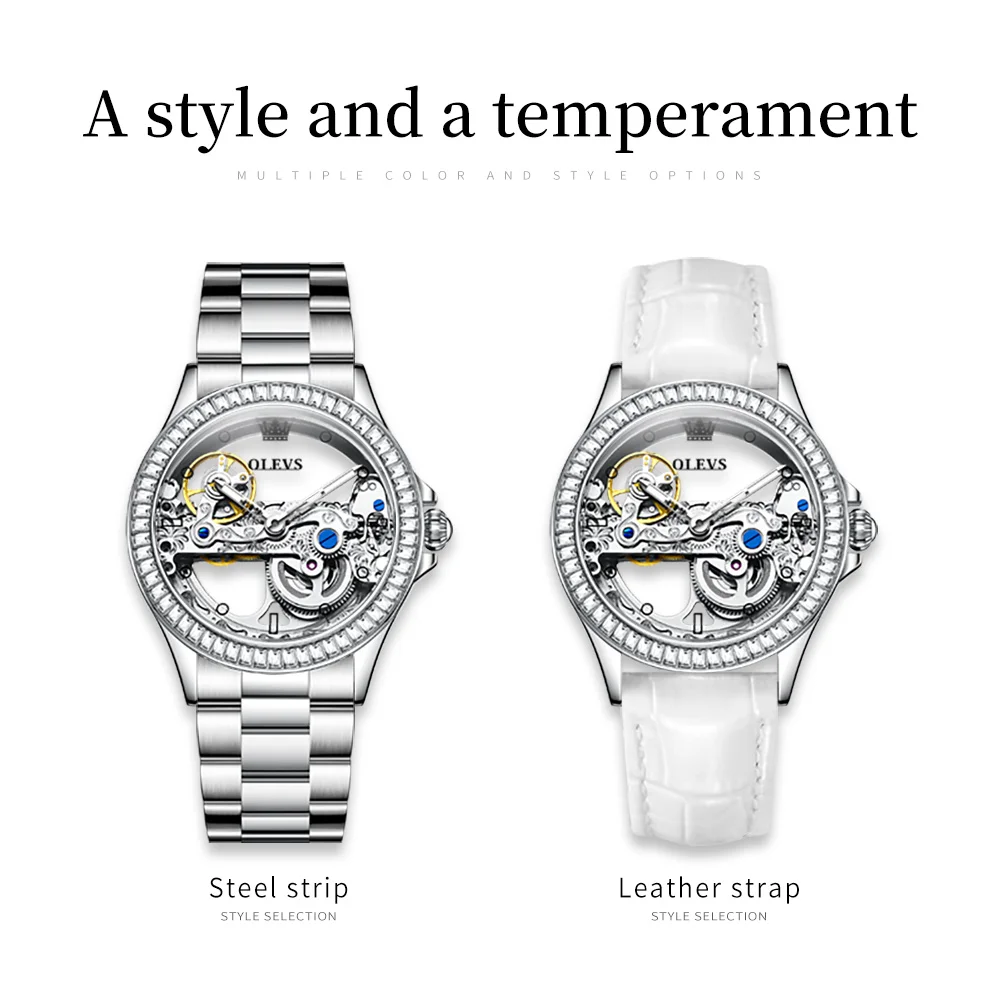 OLEVS Brand Women\'s Watches Fashion Waterproof Luminous Fully Automatic Mechanical Watch Transparent Dial stainless steel Gift