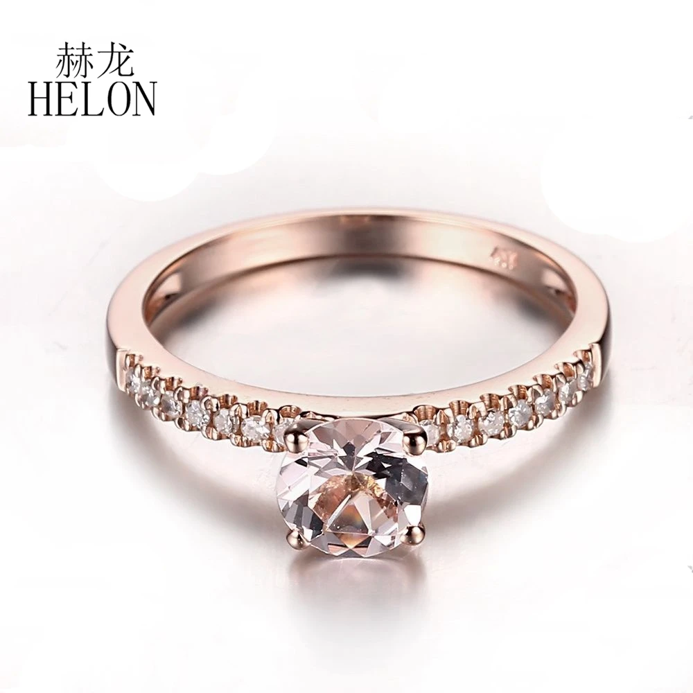 HELON Solid 14k Rose Gold Round 6mm Natural Morganite Diamonds Engagement Ring For Women Wedding Band Anniversary Bridal Gift