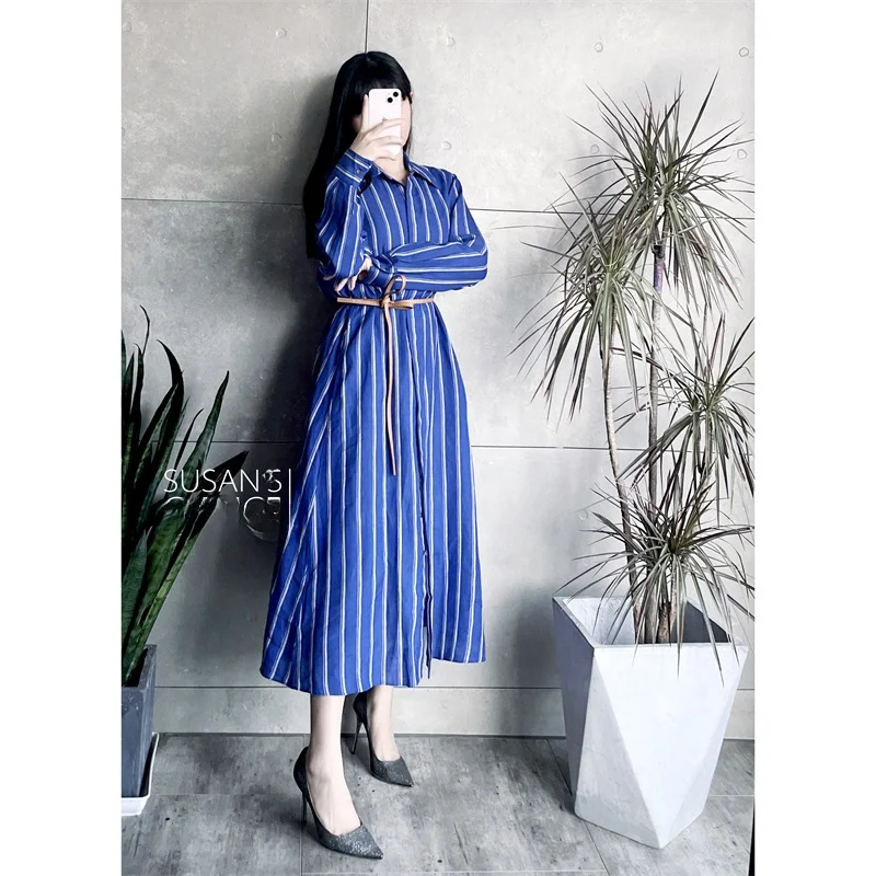 

Susan Faion High End Linen Klein Blue Stripes Belted irt Dr Women's Commute Sle Long Sve A-Line Dr