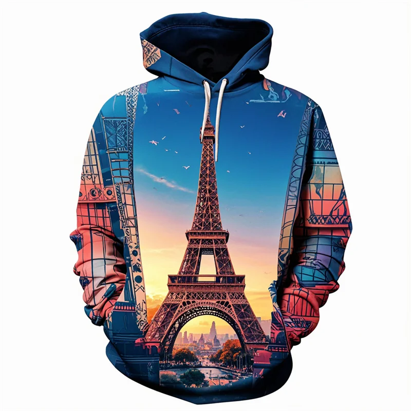 3D Print France Eiffel Tower Graphic Hoodies For Men Casual Pullover Long Sleeve Sweatshirts Clothes Mens Sport Tracksuit